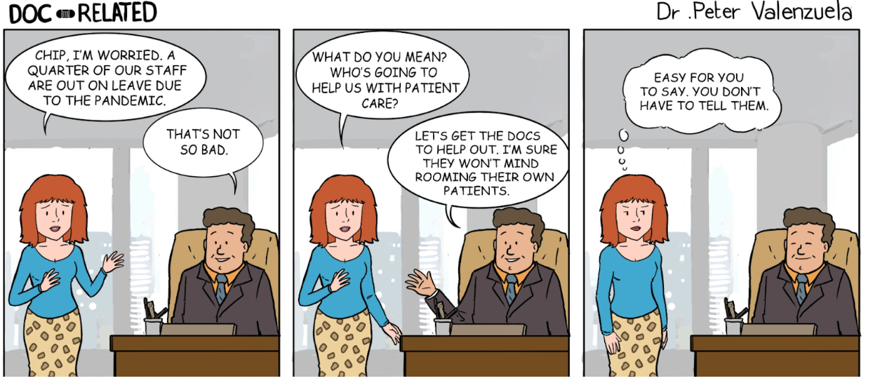 Dr. Peter Valenzuela’s comic in Physician Outlook humorously exposes staffing shortages and their growing burden on physicians. A must-read for healthcare insiders.